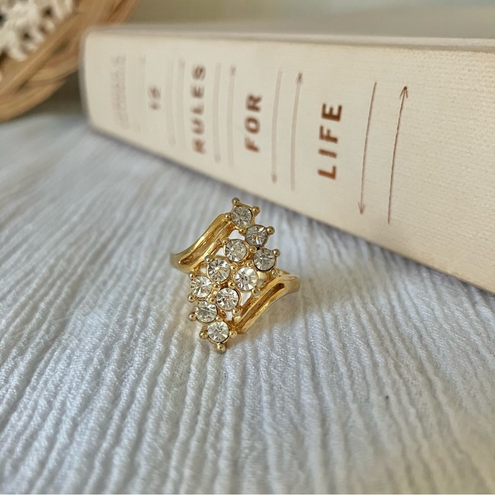 Gold & Sparkly Rhinestone Swoop Cluster Statement Cocktail Ring “Eireann” Femme